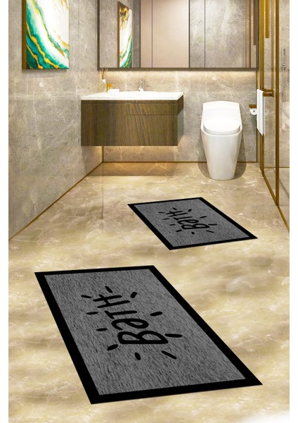 Dijital Baskılı Yıkanabilir Çerçeveli Bath Yazılı Ikili Banyo Halısı Paspas, Klozet-10-Gri, fiyatları