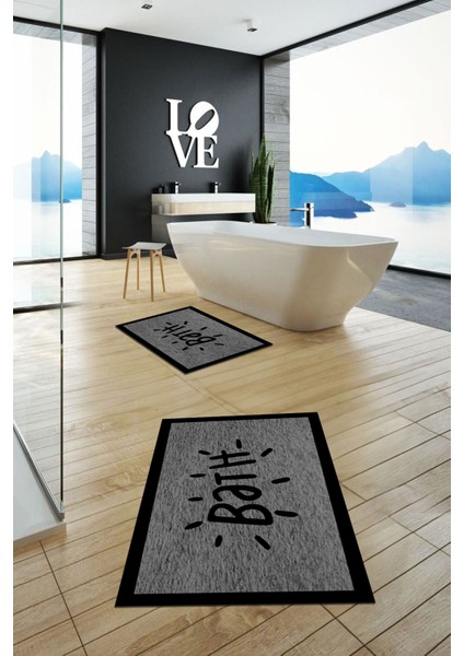 Dijital Baskılı Yıkanabilir Çerçeveli Bath Yazılı Ikili Banyo Halısı Paspas, Klozet-10-Gri, modelleri