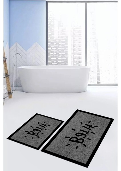 Dijital Baskılı Yıkanabilir Çerçeveli Bath Yazılı Ikili Banyo Halısı Paspas, Klozet-10-Gri, fırsatları