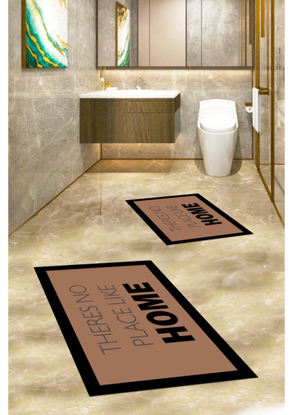 Dijital Baskılı Yıkanabilir Home Yazılı Ikili Banyo Halısı Paspas, Klozet-13-Kahve,