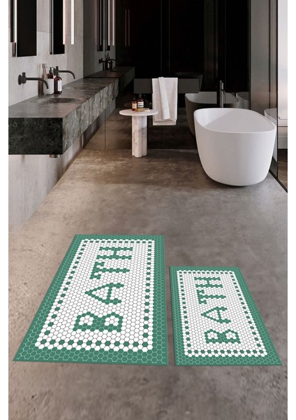 Dijital Baskılı Mozaik Desenli Bath Yazılı Ikili Banyo Paspası, Klozet-7-Yeşil,