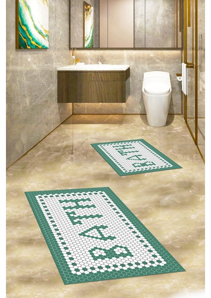 Dijital Baskılı Mozaik Desenli Bath Yazılı Ikili Banyo Paspası, Klozet-7-Yeşil, fiyatları