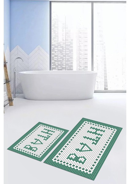 Dijital Baskılı Mozaik Desenli Bath Yazılı Ikili Banyo Paspası, Klozet-7-Yeşil, fırsatları