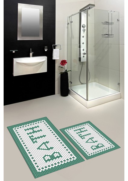 Dijital Baskılı Mozaik Desenli Bath Yazılı Ikili Banyo Paspası, Klozet-7-Yeşil, indirimleri