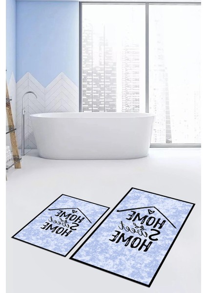 Dijital Baskılı Yıkanabilir Home Sweet Yazılı Ikili Banyo Halısı Paspas, Klozet-14-Mavi, modelleri