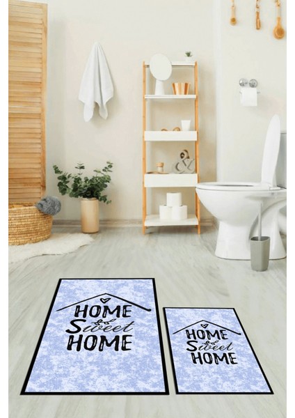 Dijital Baskılı Yıkanabilir Home Sweet Yazılı Ikili Banyo Halısı Paspas, Klozet-14-Mavi, indirimleri
