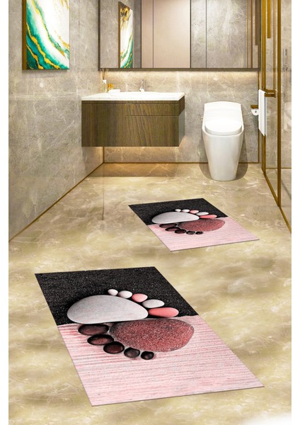 3d Dijital Baskılı Yıkanabilir Ayak Izi Desenli Ikili Banyo Halısı, Klozet-17-Kırmızı,