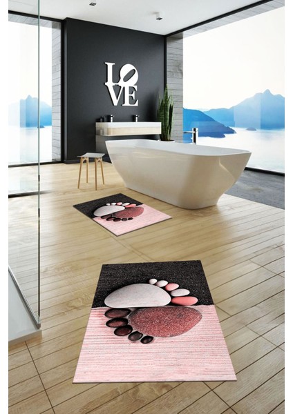 3d Dijital Baskılı Yıkanabilir Ayak Izi Desenli Ikili Banyo Halısı, Klozet-17-Kırmızı,