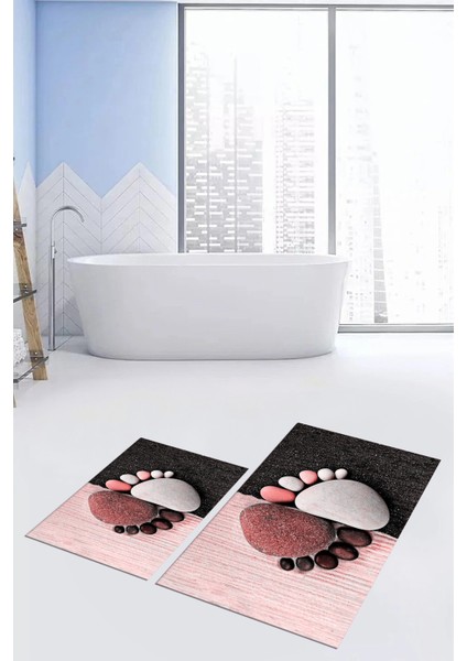 3d Dijital Baskılı Yıkanabilir Ayak Izi Desenli Ikili Banyo Halısı, Klozet-17-Kırmızı,