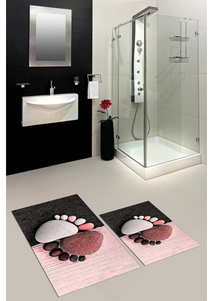 3d Dijital Baskılı Yıkanabilir Ayak Izi Desenli Ikili Banyo Halısı, Klozet-17-Kırmızı,