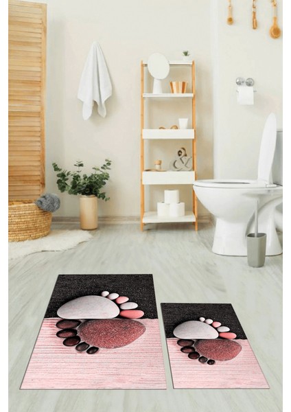 3d Dijital Baskılı Yıkanabilir Ayak Izi Desenli Ikili Banyo Halısı, Klozet-17-Kırmızı,