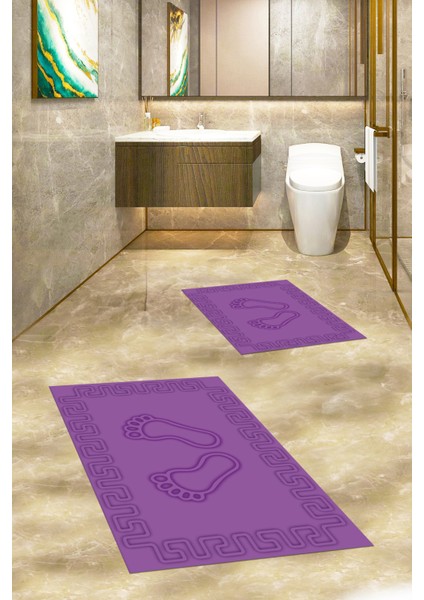 Dijital Baskılı Yıkanabilir Çerçeveli Ayak Izi Desenli Ikili Banyo Halısı, Klozet-18-Mor,