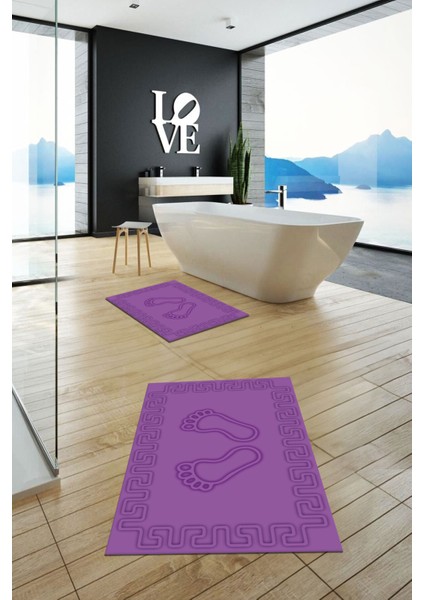 Dijital Baskılı Yıkanabilir Çerçeveli Ayak Izi Desenli Ikili Banyo Halısı, Klozet-18-Mor, fiyatları