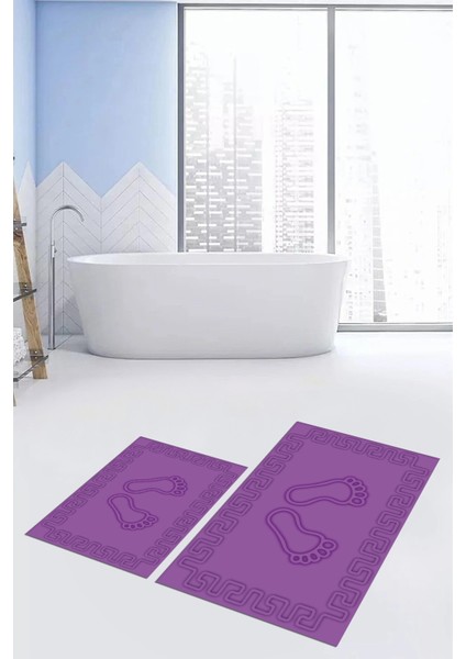Dijital Baskılı Yıkanabilir Çerçeveli Ayak Izi Desenli Ikili Banyo Halısı, Klozet-18-Mor, modelleri