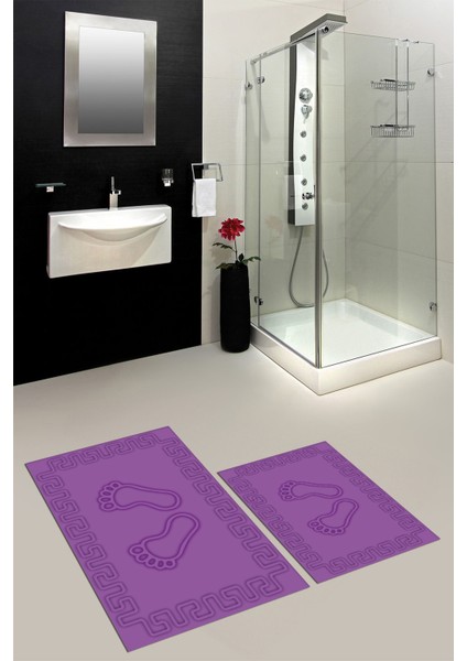 Dijital Baskılı Yıkanabilir Çerçeveli Ayak Izi Desenli Ikili Banyo Halısı, Klozet-18-Mor, fırsatları