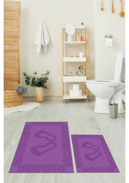 Dijital Baskılı Yıkanabilir Çerçeveli Ayak Izi Desenli Ikili Banyo Halısı, Klozet-18-Mor, indirimleri