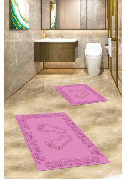 Dijital Baskılı Yıkanabilir Çerçeveli Ayak Izi Desenli Ikili Banyo Halısı, Klozet-18-Pembe,