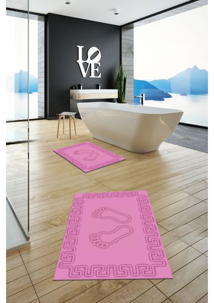 Dijital Baskılı Yıkanabilir Çerçeveli Ayak Izi Desenli Ikili Banyo Halısı, Klozet-18-Pembe, fiyatları