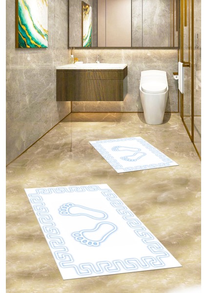 Dijital Baskılı Yıkanabilir Çerçeveli Ayak Izi Desenli Ikili Banyo Halısı, Klozet-18-Beyaz,