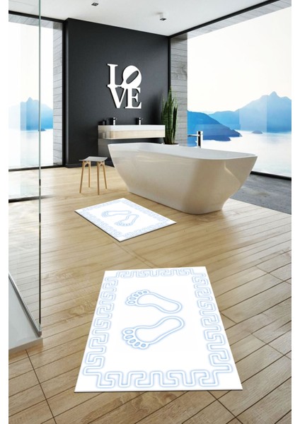 Dijital Baskılı Yıkanabilir Çerçeveli Ayak Izi Desenli Ikili Banyo Halısı, Klozet-18-Beyaz, fiyatları
