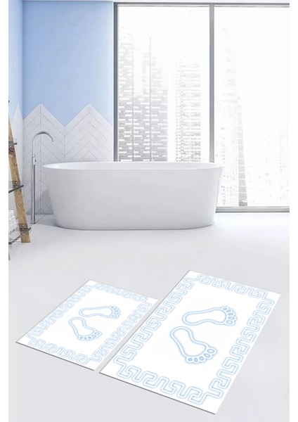 Dijital Baskılı Yıkanabilir Çerçeveli Ayak Izi Desenli Ikili Banyo Halısı, Klozet-18-Beyaz, modelleri