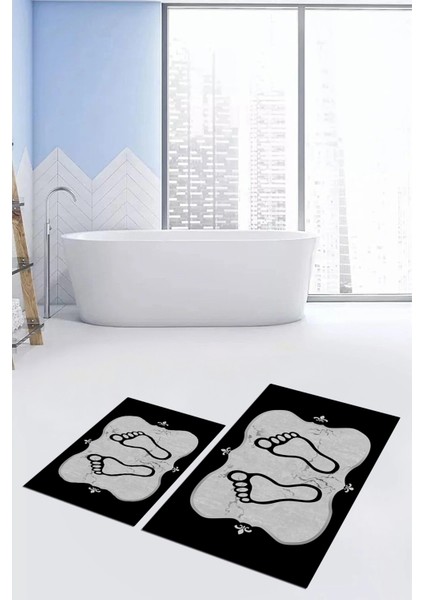 Dijital Baskılı Yıkanabilir Modern Ayak Izi Desenli Ikili Banyo Halısı, Klozet-20-Siyah,