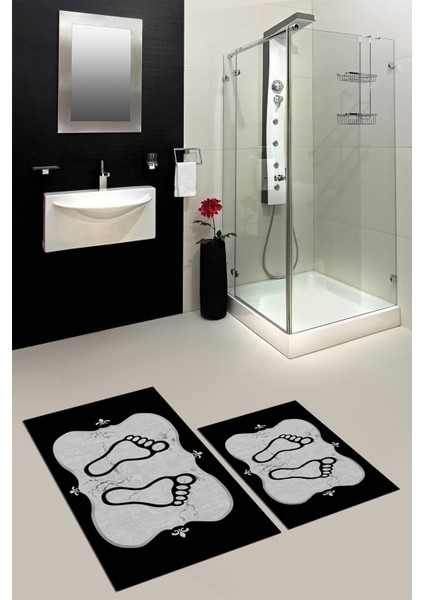 Dijital Baskılı Yıkanabilir Modern Ayak Izi Desenli Ikili Banyo Halısı, Klozet-20-Siyah,