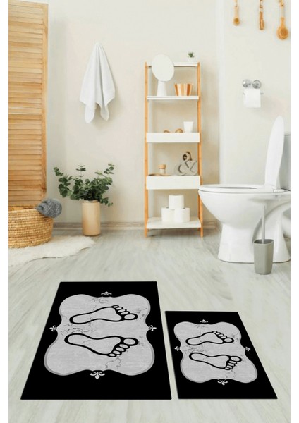 Dijital Baskılı Yıkanabilir Modern Ayak Izi Desenli Ikili Banyo Halısı, Klozet-20-Siyah,