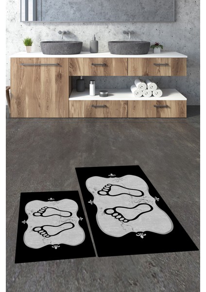 Dijital Baskılı Yıkanabilir Modern Ayak Izi Desenli Ikili Banyo Halısı, Klozet-20-Siyah,