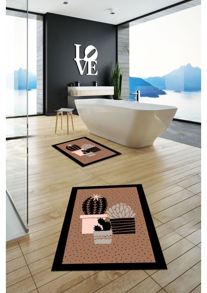 Dijital Baskılı Yıkanabilir Kaktüs Çiçek Desenli Ikili Banyo Halısı, Klozet-22-Kahve,