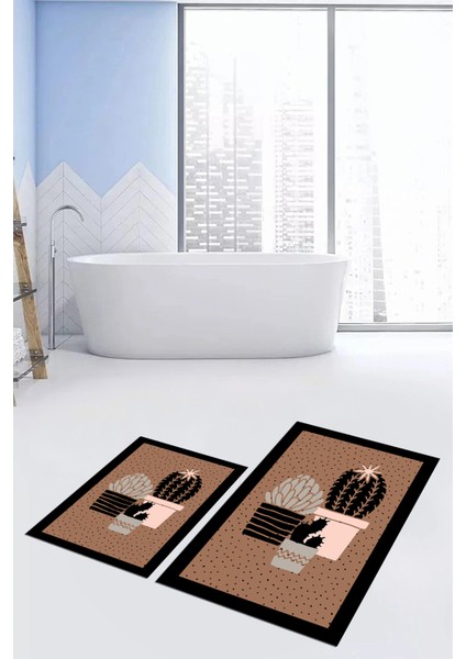 Dijital Baskılı Yıkanabilir Kaktüs Çiçek Desenli Ikili Banyo Halısı, Klozet-22-Kahve, fiyatları
