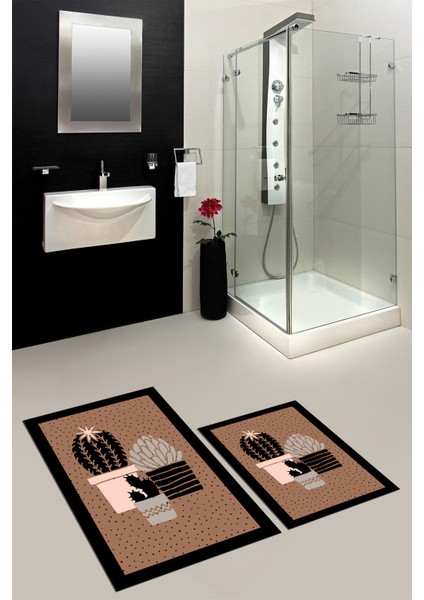 Dijital Baskılı Yıkanabilir Kaktüs Çiçek Desenli Ikili Banyo Halısı, Klozet-22-Kahve, modelleri