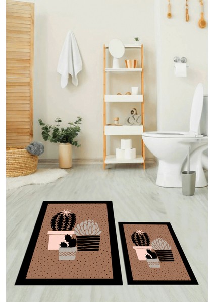 Dijital Baskılı Yıkanabilir Kaktüs Çiçek Desenli Ikili Banyo Halısı, Klozet-22-Kahve, fırsatları
