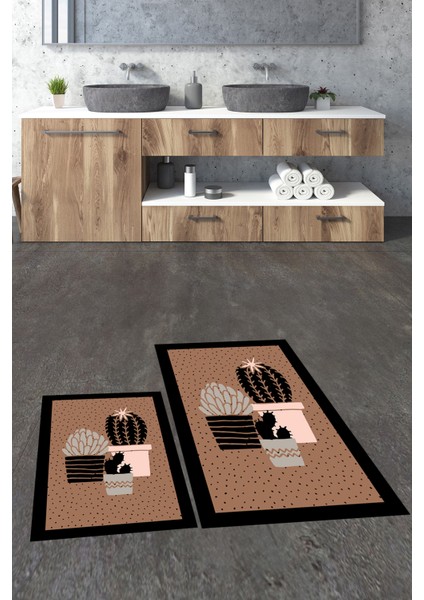 Dijital Baskılı Yıkanabilir Kaktüs Çiçek Desenli Ikili Banyo Halısı, Klozet-22-Kahve, indirimleri