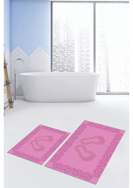 Dijital Baskılı Yıkanabilir Çerçeveli Ayak Izi Desenli Ikili Banyo Halısı, Klozet-18-Pembe, modelleri