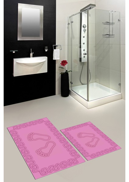 Dijital Baskılı Yıkanabilir Çerçeveli Ayak Izi Desenli Ikili Banyo Halısı, Klozet-18-Pembe, fırsatları
