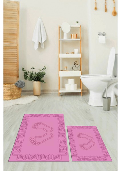 Dijital Baskılı Yıkanabilir Çerçeveli Ayak Izi Desenli Ikili Banyo Halısı, Klozet-18-Pembe, indirimleri