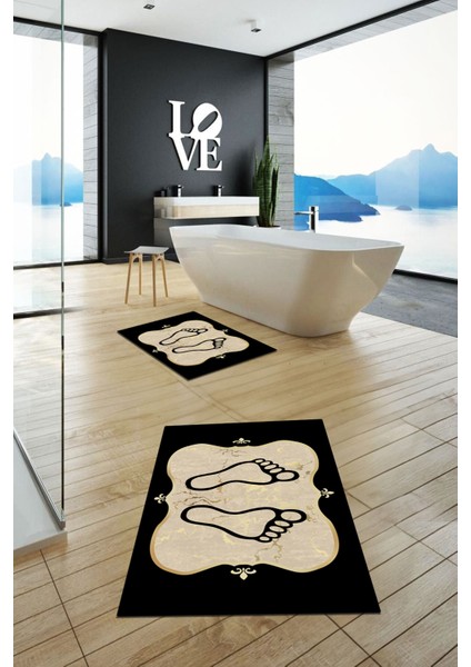 Dijital Baskılı Yıkanabilir Modern Ayak Izi Desenli Ikili Banyo Halısı, Klozet-20-Gold,
