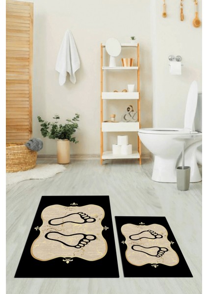 Dijital Baskılı Yıkanabilir Modern Ayak Izi Desenli Ikili Banyo Halısı, Klozet-20-Gold,
