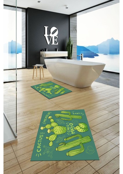Dijital Baskılı Yıkanabilir Kaktüs Desenli Ikili Banyo Halısı Paspas, Klozet-23-Yeşil,