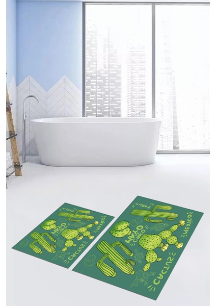 Dijital Baskılı Yıkanabilir Kaktüs Desenli Ikili Banyo Halısı Paspas, Klozet-23-Yeşil, fiyatları