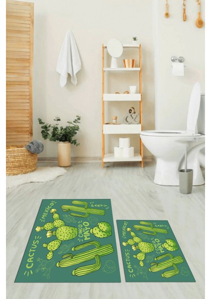 Dijital Baskılı Yıkanabilir Kaktüs Desenli Ikili Banyo Halısı Paspas, Klozet-23-Yeşil, fırsatları