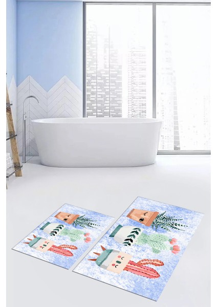 Dijital Baskılı Yıkanabilir Renkli Kaktüs Desenli Ikili Banyo Halısı, Klozet-24-Mavi, fiyatları