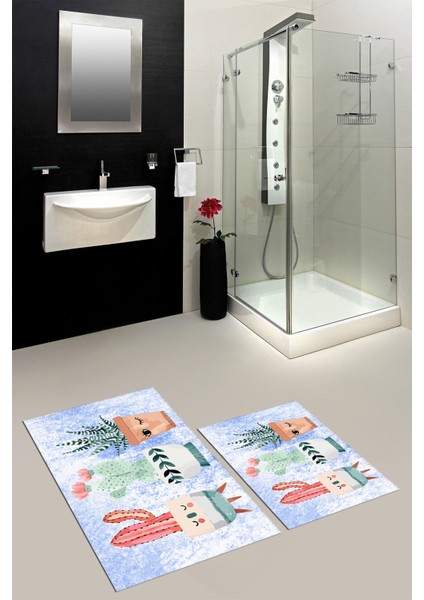 Dijital Baskılı Yıkanabilir Renkli Kaktüs Desenli Ikili Banyo Halısı, Klozet-24-Mavi, modelleri