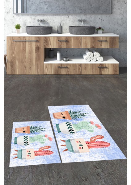 Dijital Baskılı Yıkanabilir Renkli Kaktüs Desenli Ikili Banyo Halısı, Klozet-24-Mavi, indirimleri