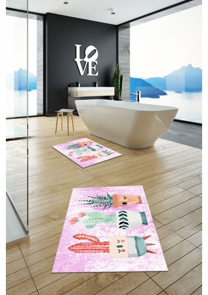 Dijital Baskılı Yıkanabilir Renkli Kaktüs Desenli Ikili Banyo Halısı, Klozet-24-Pembe,