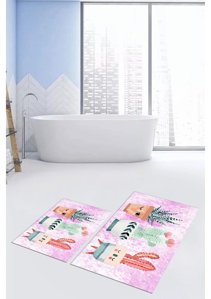 Dijital Baskılı Yıkanabilir Renkli Kaktüs Desenli Ikili Banyo Halısı, Klozet-24-Pembe, fiyatları