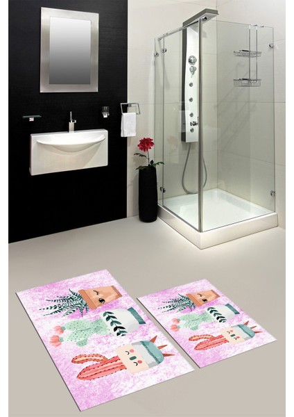 Dijital Baskılı Yıkanabilir Renkli Kaktüs Desenli Ikili Banyo Halısı, Klozet-24-Pembe, modelleri