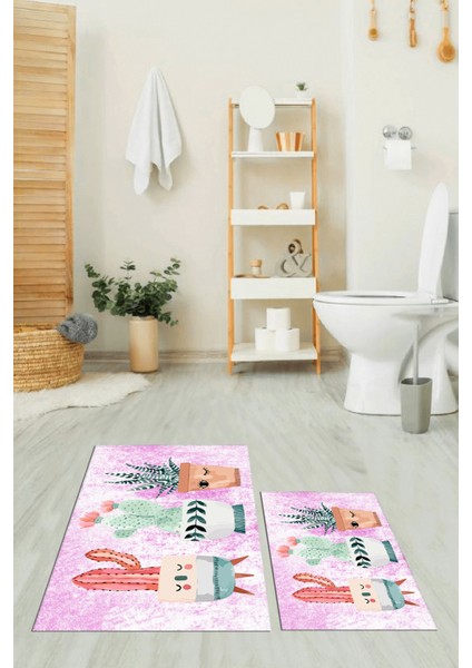 Dijital Baskılı Yıkanabilir Renkli Kaktüs Desenli Ikili Banyo Halısı, Klozet-24-Pembe, fırsatları