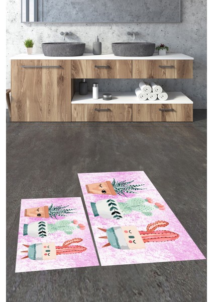 Dijital Baskılı Yıkanabilir Renkli Kaktüs Desenli Ikili Banyo Halısı, Klozet-24-Pembe, indirimleri